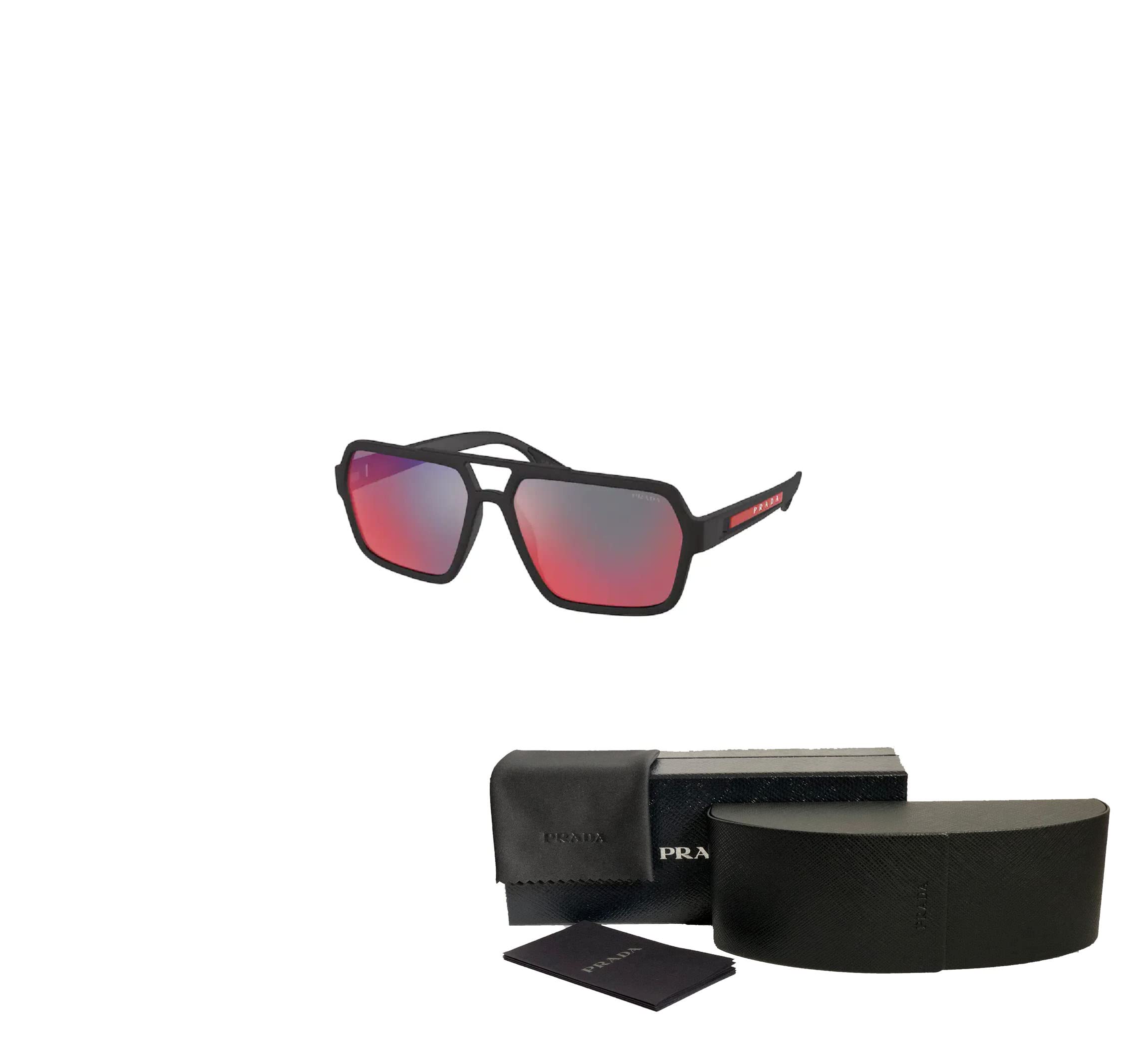 Prada PS01XS DG008F 59MM Black Rubber/Dark Grey Mirror Blue/Red Rectangular Sunglasses for Men + BUNDLE With Designer iWear Eyewear Kit