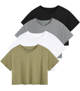 cosy pyro 4-pack women's cotton crop t-shirts short sleeve solid cropped athletic top round neck casual workout yoga tees black/gray/white/army m