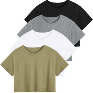 Cosy Pyro 4-Pack Women's Cotton Crop T-Shirts Short Sleeve Solid Cropped Athletic Top Round Neck Casual Workout Yoga Tees Black/Gray/White/Army M