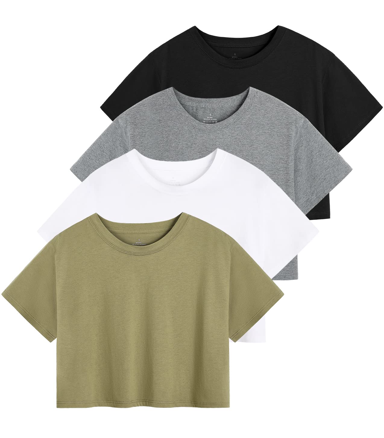 Cosy Pyro 4-Pack Women's Cotton Crop T-Shirts Short Sleeve Solid Cropped Athletic Top Round Neck Casual Workout Yoga Tees Black/Gray/White/Army M