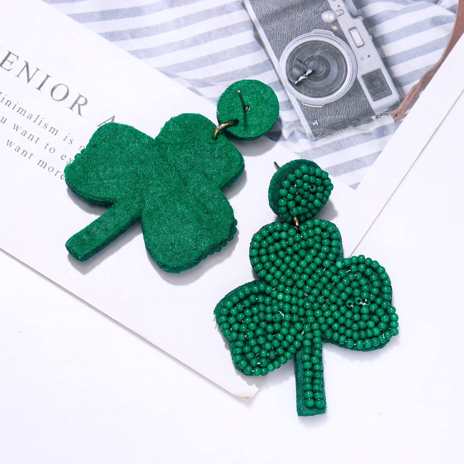 St. Patrick's Day Earrings Beaded Green Shamrock Earrings Handmade Lucky Leaf Drop Dangle Earring for Women Funny Irish Holiday Jewelry Gifts (Leaf 2)