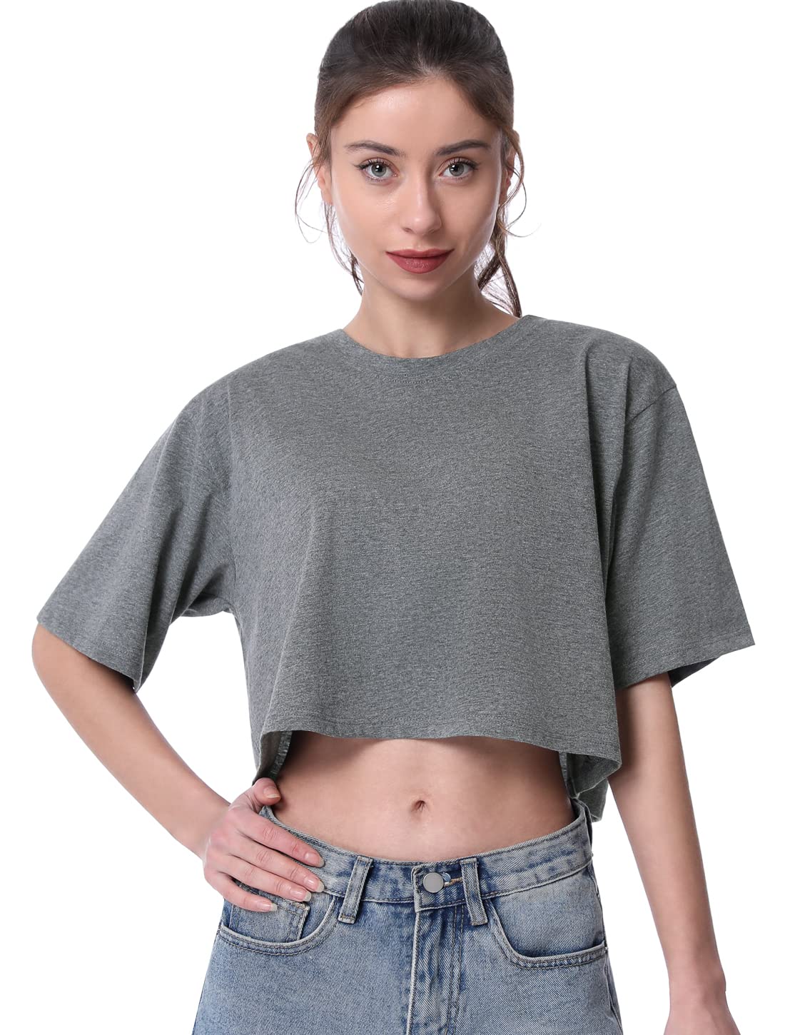 Cosy Pyro 4-Pack Women's Cotton Crop T-Shirts Short Sleeve Solid Cropped Athletic Top Round Neck Casual Workout Yoga Tees Black/Gray/White/Army M