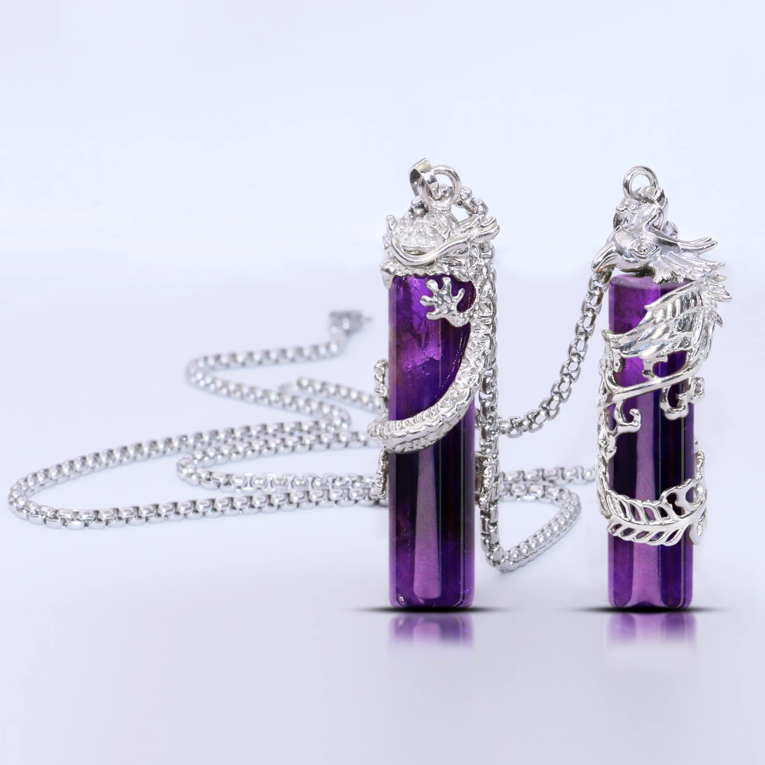 KVREET Amethyst Dragon and Phoenix Couple Matching Yin Yang Necklace Plus Heart Semi-Precious Stone Set Natural Healing Crystal He and Her Pendant Necklace Gift (Amethyst)