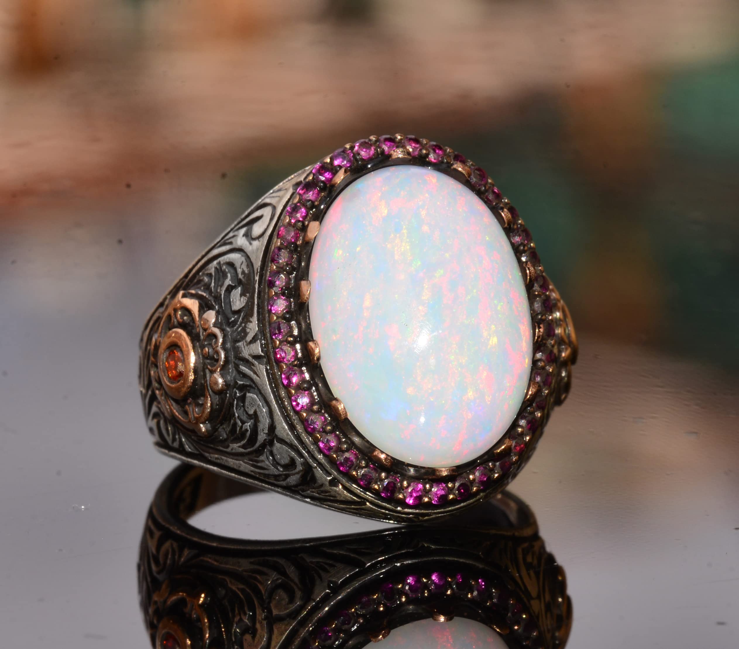 Genuine Natural Australia Opal Gemstone Ring, 7.55 Carat, King Ring, Sterling Silver Ring, Engagement Ring