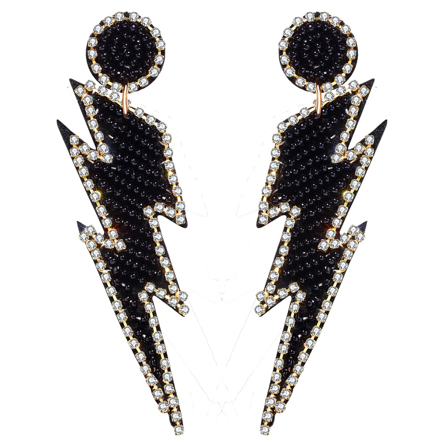 Beaded Lightning Earrings for Women Statement Lightning Bolt Dangle Earrings Sparkling Rhinestone Bead Drop Earrings Holiday Party Gifts (Black)