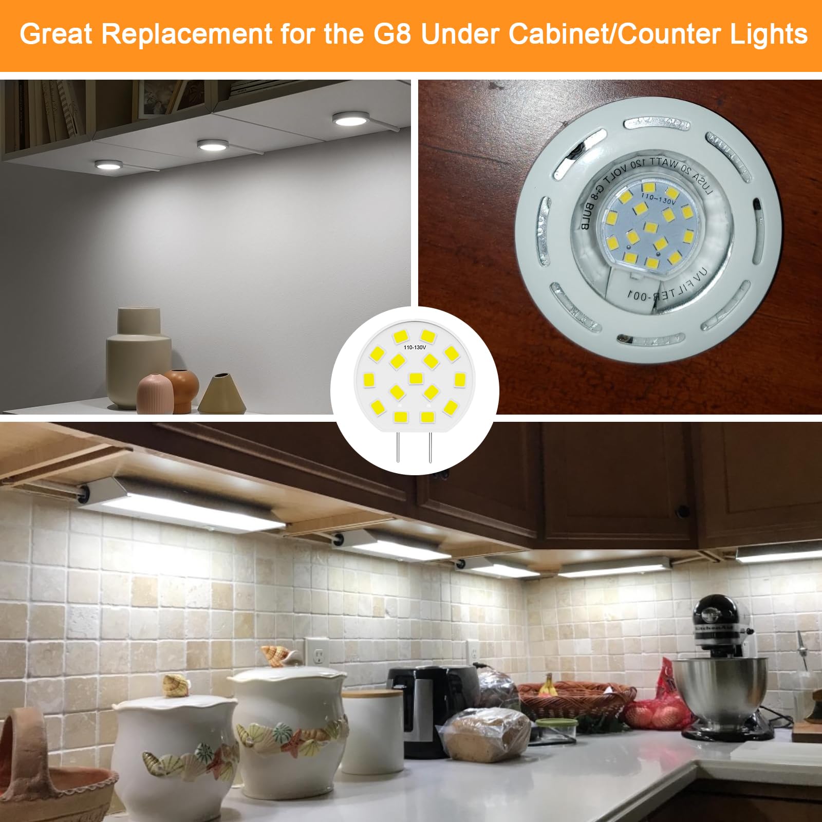 G8 LED Bulb Dimmable 3W Disc Puck Light Bulbs 20W-25W Halogen Bulb Equivalent, T4 JCD Type Bi-Pin Base, 120V Daylight White 6000K for Under Counter Kitchen Lighting, Under Cabinet Light (8 Pack)