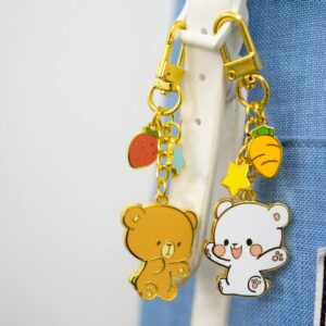 Milkmochabear Milk Enamel Keychain - Mini Clasp All Metal Gold Finish with Two Charms For Handbags Purses Bags Belts Backpacks Men Women Couple Matching