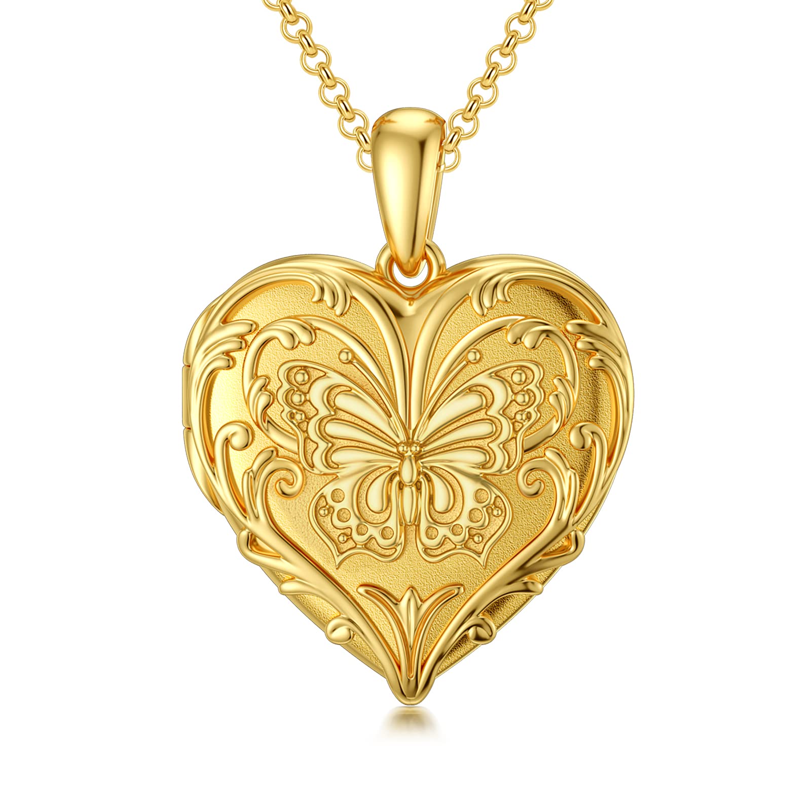 SOULMEET 18k Gold Plated Silver Butterfly Heart Locket Necklace That Holds 2 Picture,20" (Locket only)