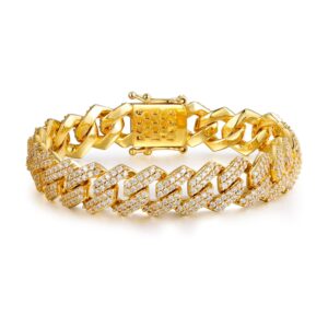 gemsme 18k yellow gold plated bracelet 13mm full iced out cubic zirconia cuban link chain hip hop bracelet for men women 7.5 inch