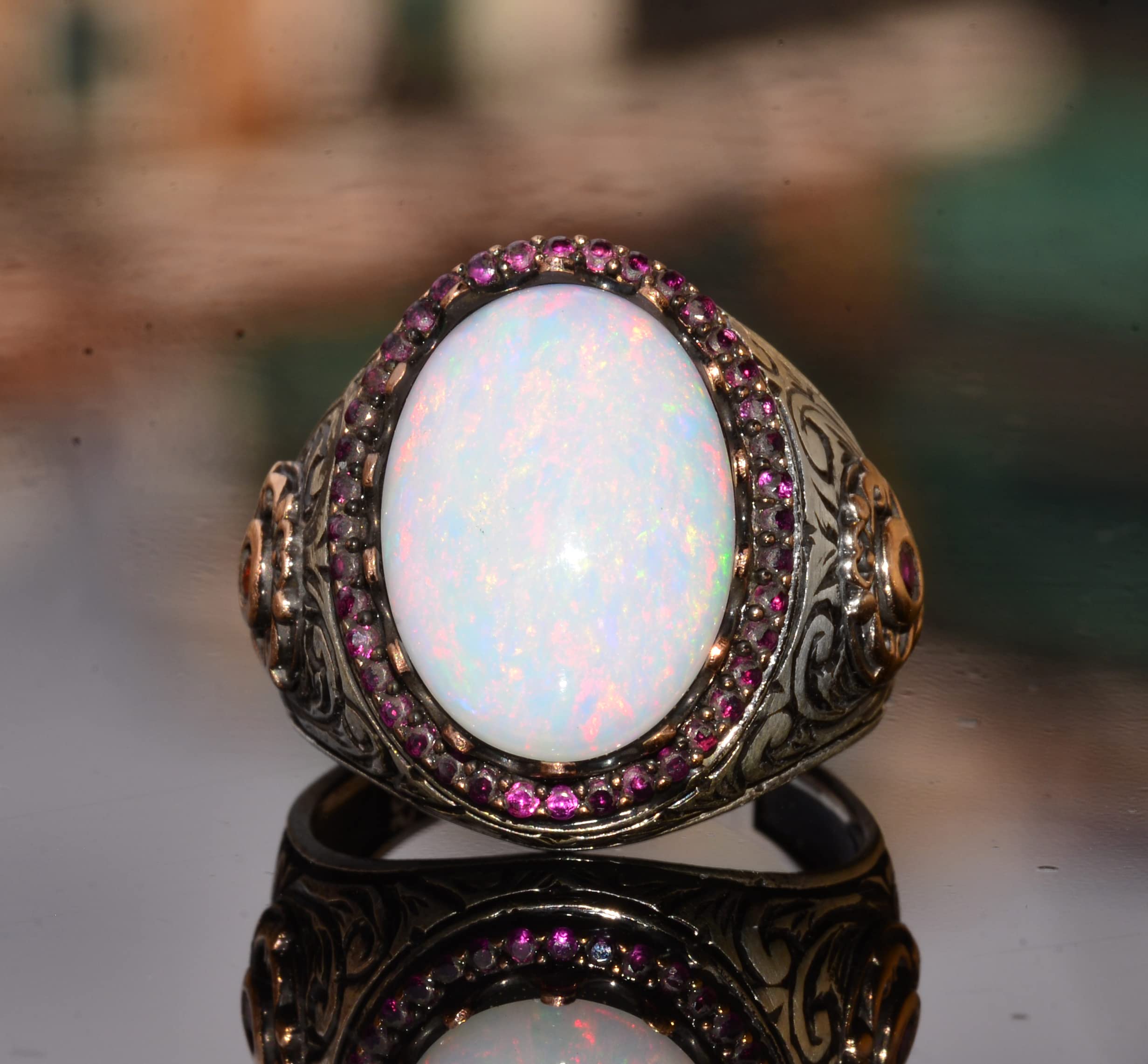 Genuine Natural Australia Opal Gemstone Ring, 7.55 Carat, King Ring, Sterling Silver Ring, Engagement Ring