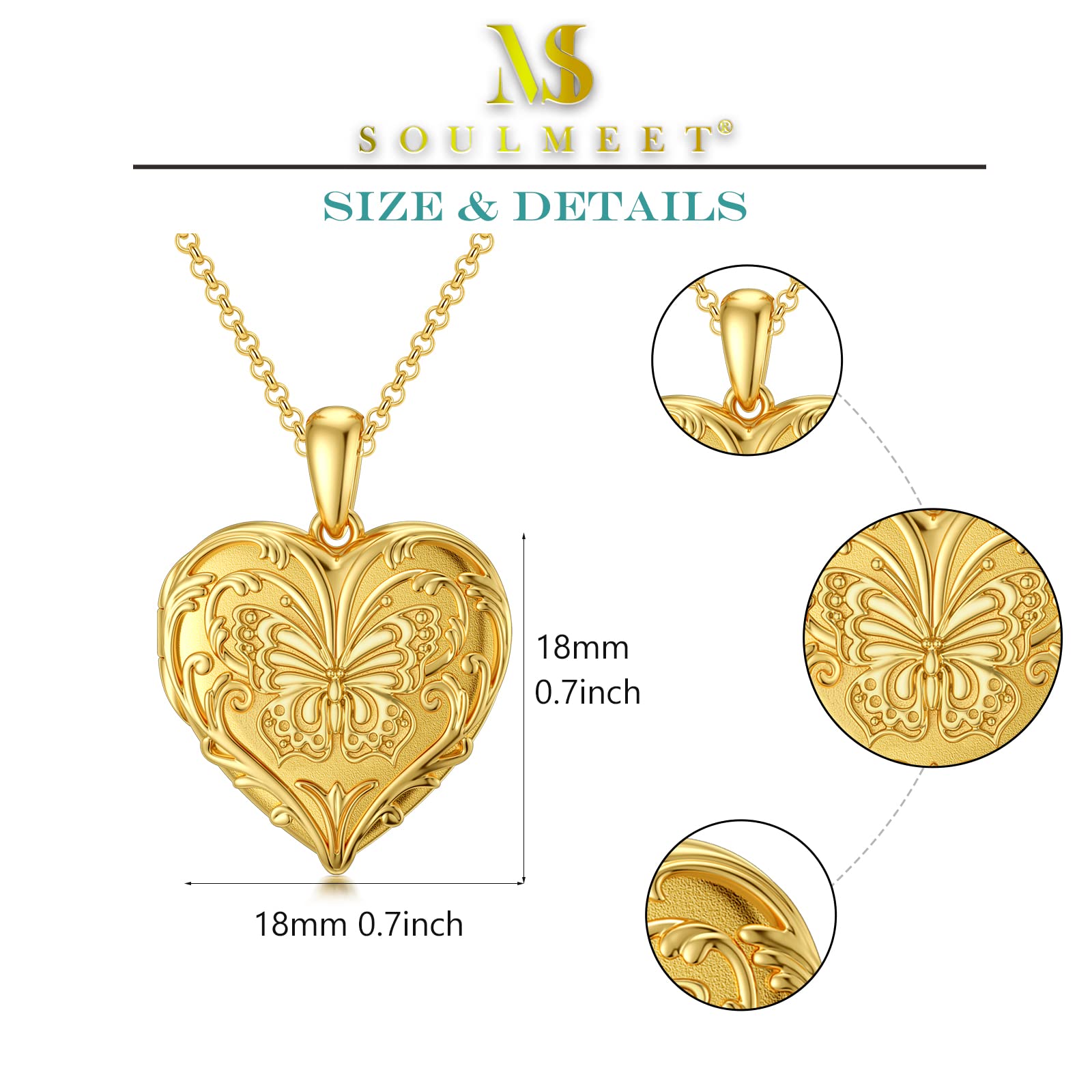 SOULMEET 18k Gold Plated Silver Butterfly Heart Locket Necklace That Holds 2 Picture,20" (Locket only)