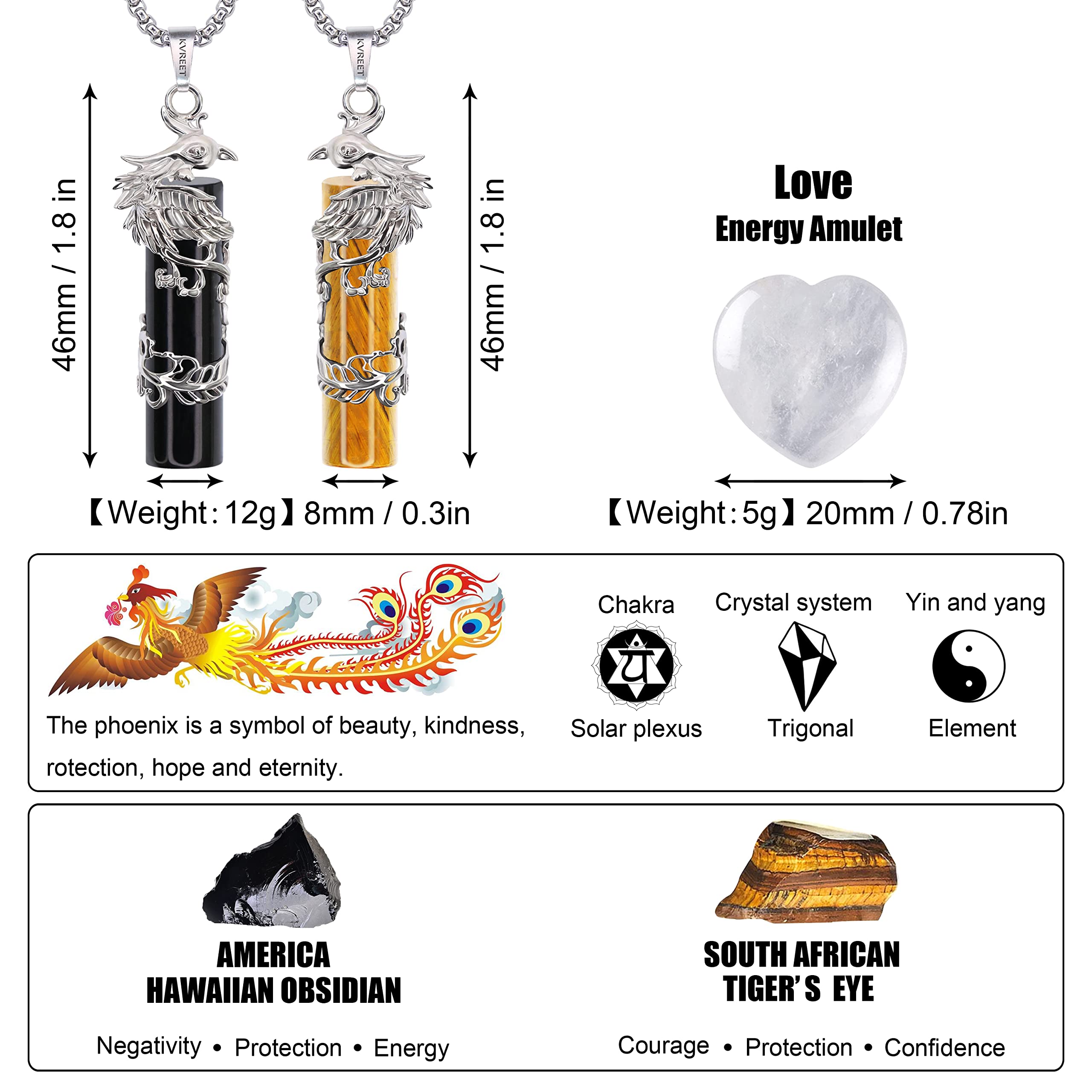 KVREET Obsidian Tiger Eye Double Phoenix Matching Necklace Plus Natural Peach Heart Quartz Set Best Friend Sister Couple Yin Yang Pendant Necklace Gift (Obsidian & Tiger Eye)