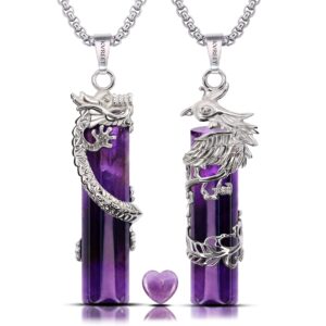 kvreet amethyst dragon and phoenix couple matching yin yang necklace plus heart semi-precious stone set natural healing crystal he and her pendant necklace gift (amethyst)