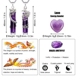 KVREET Amethyst Dragon and Phoenix Couple Matching Yin Yang Necklace Plus Heart Semi-Precious Stone Set Natural Healing Crystal He and Her Pendant Necklace Gift (Amethyst)