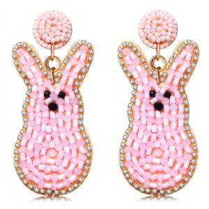 Easter Earrings Beaded Easter Bunny Earrings for Women Handmade Cute Rabbit Drop Dangle Earrings Spring Holiday Jewelry Gifts (Pink)