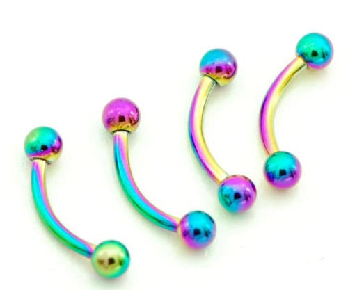 4 Pc 16g 3/8" Rainbow Titanium with 4mm Ball Eyebrow Rings Curved Barbells