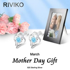 RIVIKO Love Heart Earrings For Women 925 Sterling Silver Gold Plated Zirconia March Birthstone Stud Earrings for Mother Wife Sister Birthday Valentine's Mothers Day Christmas Jewelry Gift