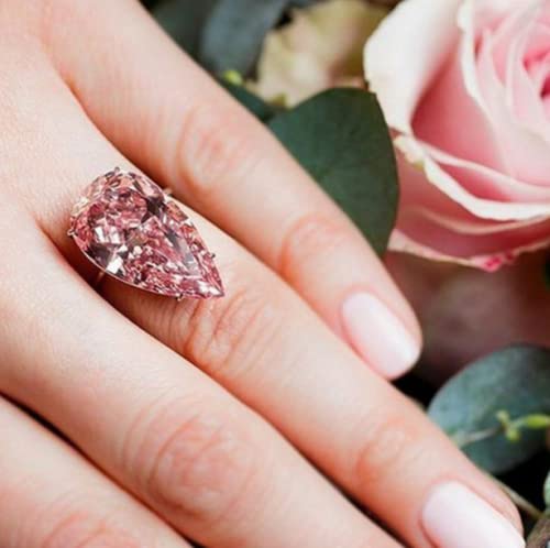 Awmnjtmgpw 925 Sterling Silver Diamond Ring Water Drop pear Shaped Pink Crystal Topaz Ring Exquisite Women's Diamond Ring Proposal Wedding Engagement Diamond Ring Size (6-10) (Size 7)