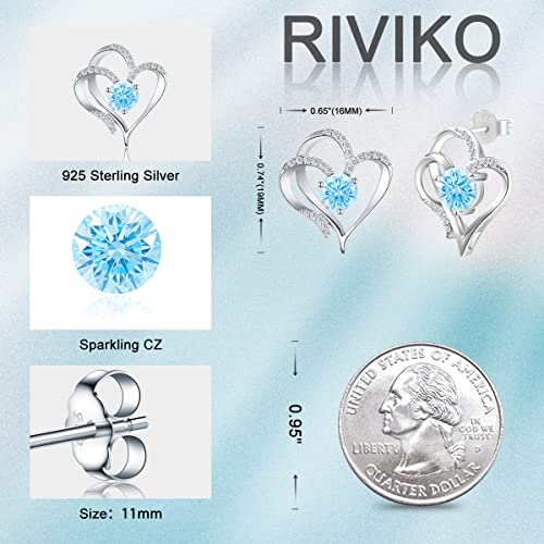 RIVIKO Love Heart Earrings For Women 925 Sterling Silver Gold Plated Zirconia March Birthstone Stud Earrings for Mother Wife Sister Birthday Valentine's Mothers Day Christmas Jewelry Gift