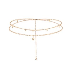 elabest layered bead belly chain gold star waist chains rhinestone body chain jewelry accessories for women and girls (31.5+7.8inch)