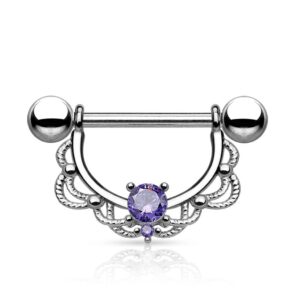 pair of cz centered fligree drop surgical steel nipple rings barbells 14g 5/8" - purple