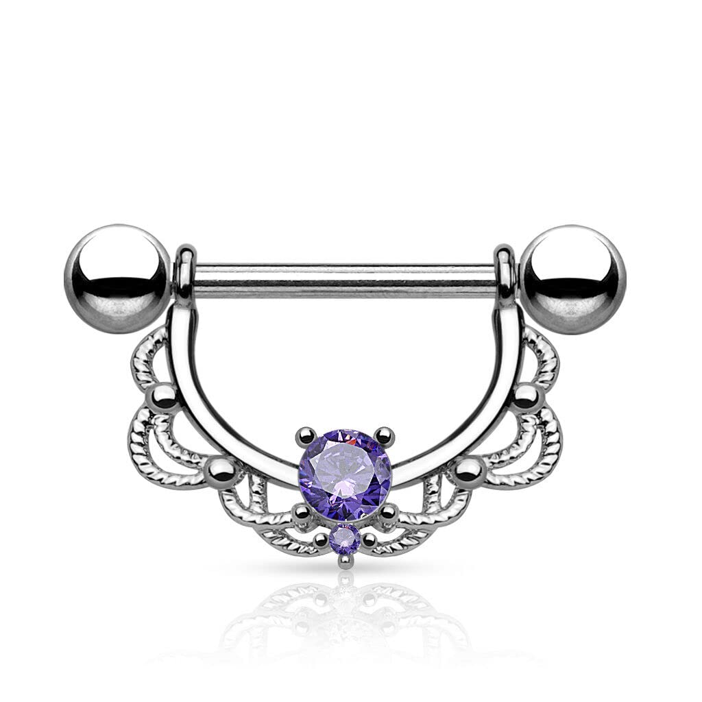 Pair of CZ Centered Fligree Drop Surgical Steel Nipple Rings Barbells 14G 5/8" - Purple