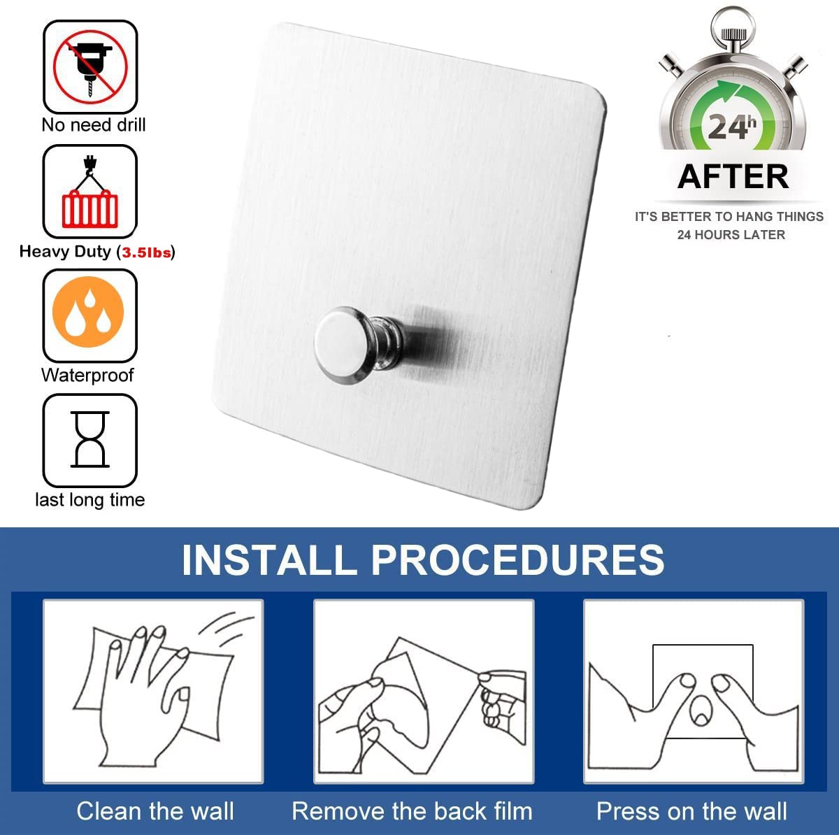 Qiozlen Wall Adhesive Hooks Stainless Steel,Command Strips for Pictures, Clock ,Wall Strips,Command Hooks,Waterproof