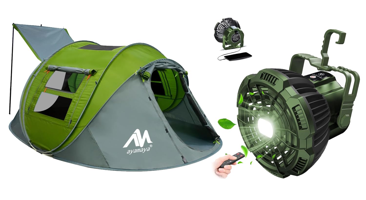 ayamaya Cmping Fan + 4 Person Pop Up Tent, Waterproof Tent & Rechargeable Tent Fan with LEDs Remote Control for Camping