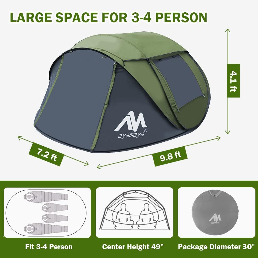 ayamaya Cmping Fan + 4 Person Pop Up Tent, Waterproof Tent & Rechargeable Tent Fan with LEDs Remote Control for Camping