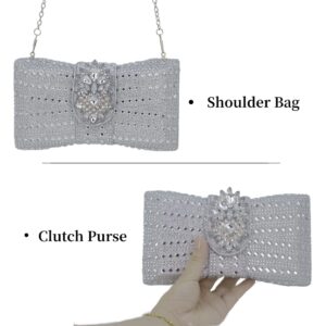 Chaliwini Bow Clutch With Rhinestone Silver Purses for Women Evening Bag Party Flower handbag (Silver)