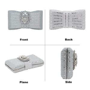 Chaliwini Bow Clutch With Rhinestone Silver Purses for Women Evening Bag Party Flower handbag (Silver)