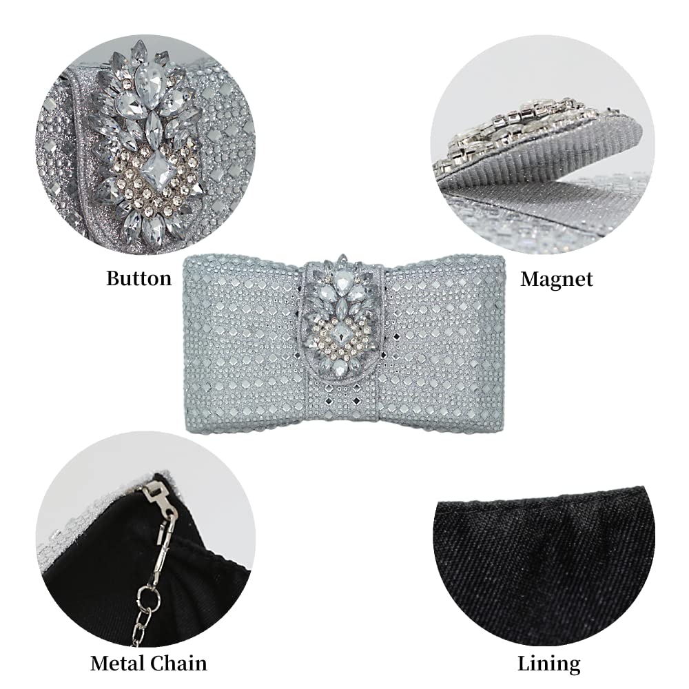 Chaliwini Bow Clutch With Rhinestone Silver Purses for Women Evening Bag Party Flower handbag (Silver)