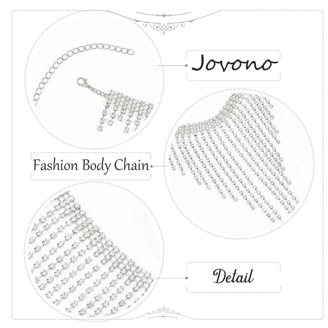 Jovono Rhinestone Body Chains Tassel Underwear Bikini Panties Crystal Waist Belly Chains Sexy Body Jewelry Accessories for Women and Girls (Silver)