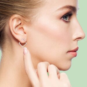 Fiklon Ear Jacket Earrings 925 Sterling Silver Studs Front Back Earrings for Women Minimalist Geometric V Stud Earrings With Back Design (ear jacket-16MM-Silver)