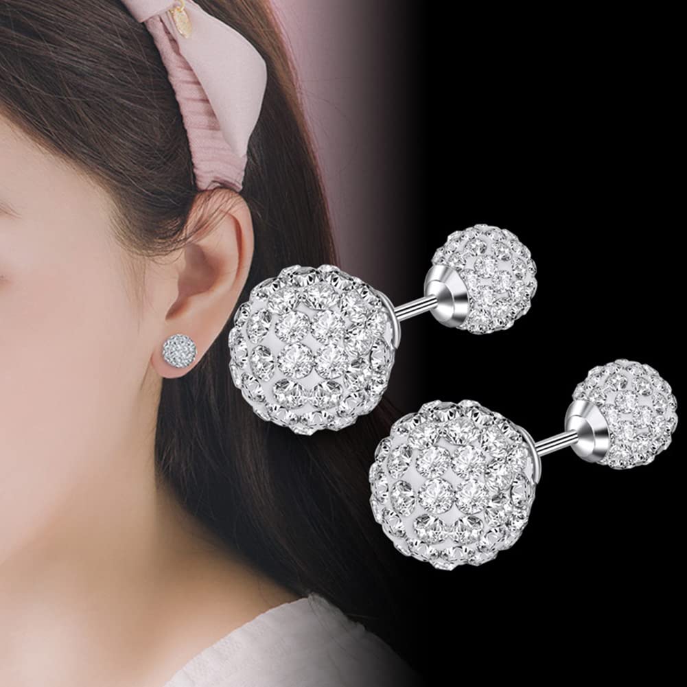 BG&WLing Front Back Earrings Crystal Ball Earring Studs Sparkly Double Ball Sterling Silver Post Stud Earrings Hypoallergenic Dainty Jewelry for Women