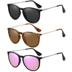 Ougenni Sunglasses for Women Men Vintage Polarized Women Sunglasses Round Classic Retro Sunglasses UV Protection Lens,3 Pack