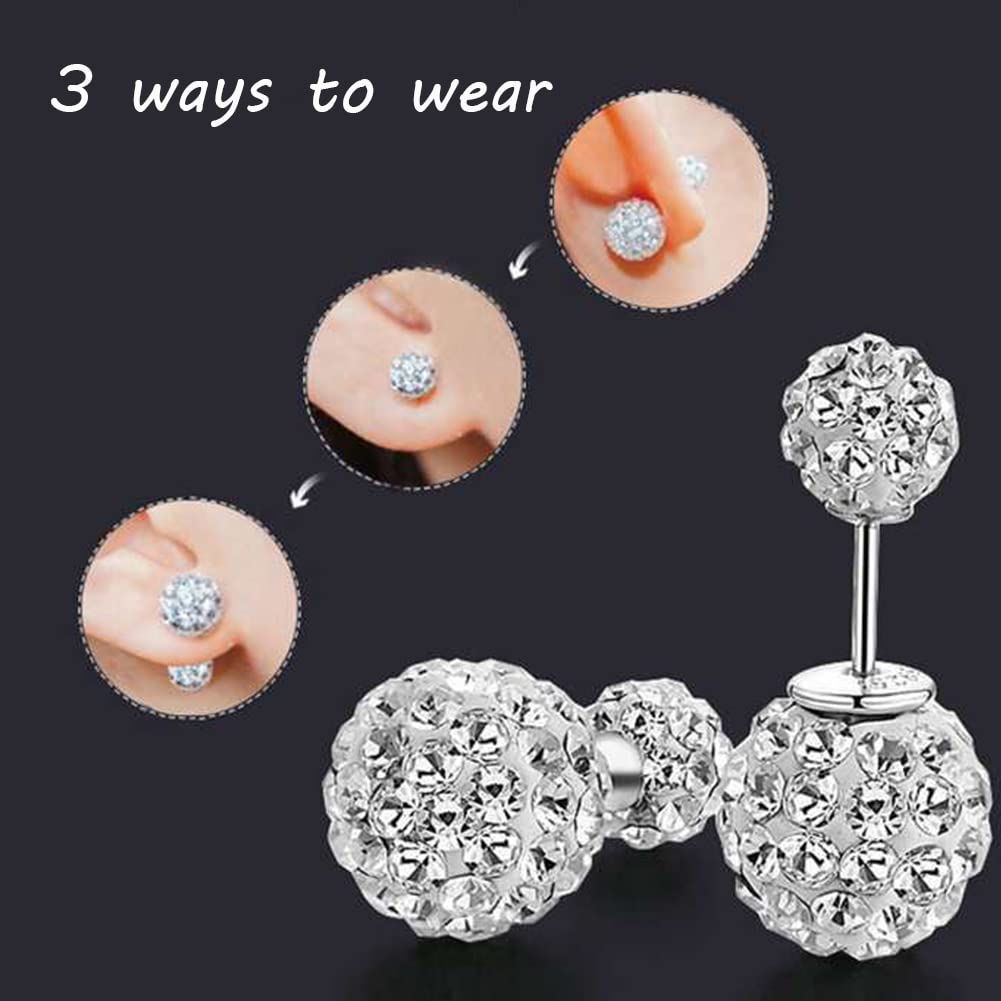 BG&WLing Front Back Earrings Crystal Ball Earring Studs Sparkly Double Ball Sterling Silver Post Stud Earrings Hypoallergenic Dainty Jewelry for Women