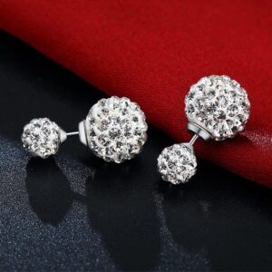 BG&WLing Front Back Earrings Crystal Ball Earring Studs Sparkly Double Ball Sterling Silver Post Stud Earrings Hypoallergenic Dainty Jewelry for Women