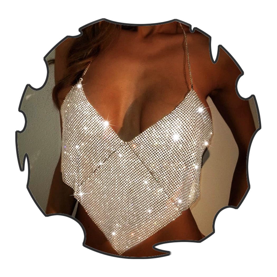 Uranian Rhinestone Tank Top Deep V Chest Chain Silver Sexy Sequin Nightclub Body Chain Sparkly Crystal Bikini Party Adjustable Body Jewelry for Women and Girls