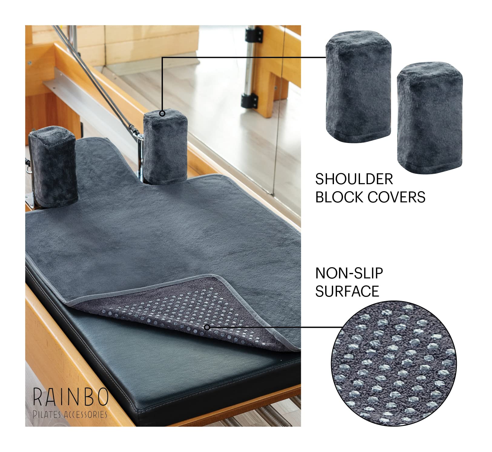 Pilates Reformer Non-Slip Mat Towel (Included 2 Pcs Shoulder Block Covers) (DARK GREY)