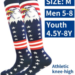 BUENWAZ Men's American Flag Baseball Socks, Athletic Knee High Football Sock, Patriotic Over the Calf Socks (1 Pack, Eagle, Size 8-12)