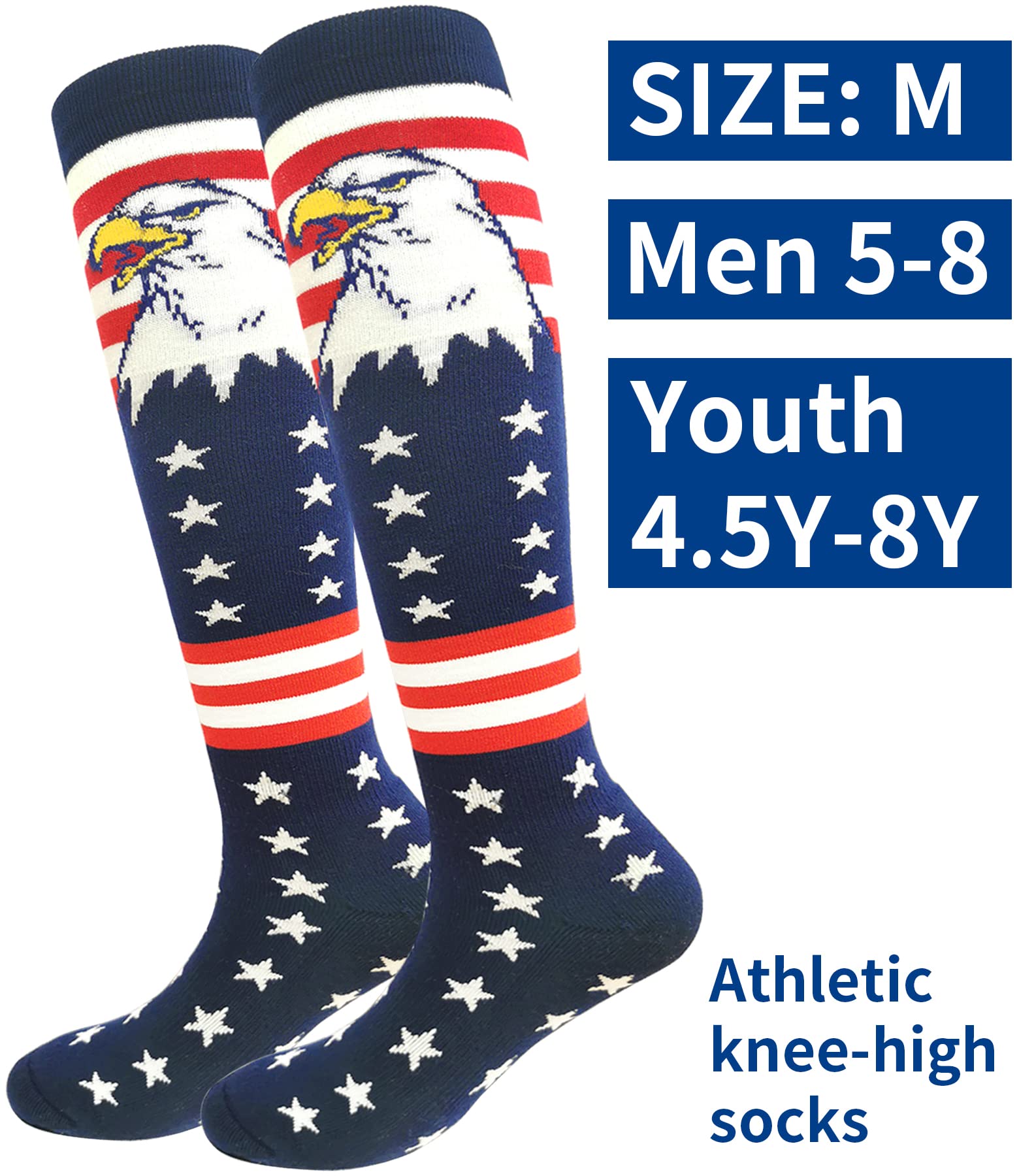 BUENWAZ Men's American Flag Baseball Socks, Athletic Knee High Football Sock, Patriotic Over the Calf Socks (1 Pack, Eagle, Size 8-12)