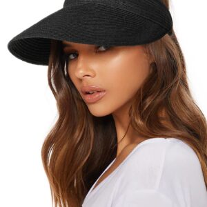 FURTALK Hat Straw Sun Visors, Summer Packable Ponytail Beach Hats for Women Travel UPF 50+ A Black