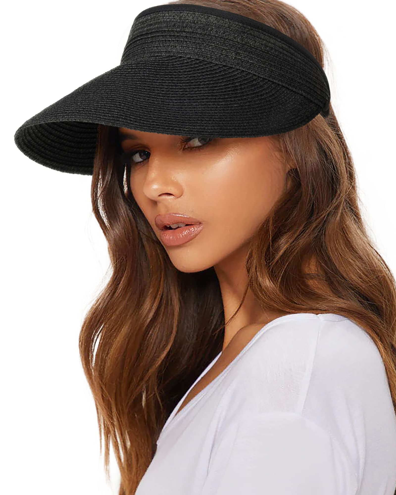 FURTALK Hat Straw Sun Visors, Summer Packable Ponytail Beach Hats for Women Travel UPF 50+ A Black