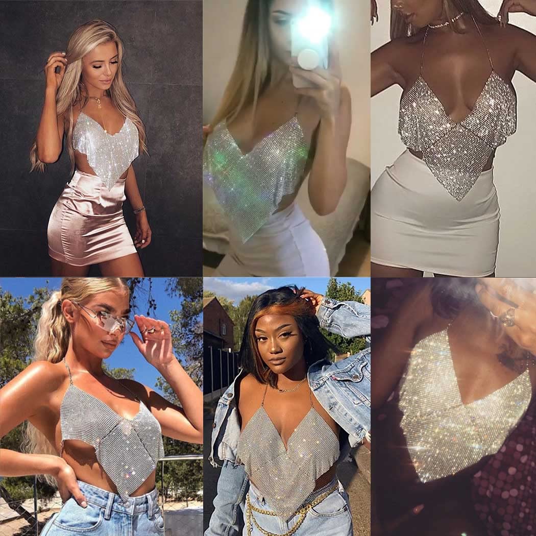 Uranian Rhinestone Tank Top Deep V Chest Chain Silver Sexy Sequin Nightclub Body Chain Sparkly Crystal Bikini Party Adjustable Body Jewelry for Women and Girls