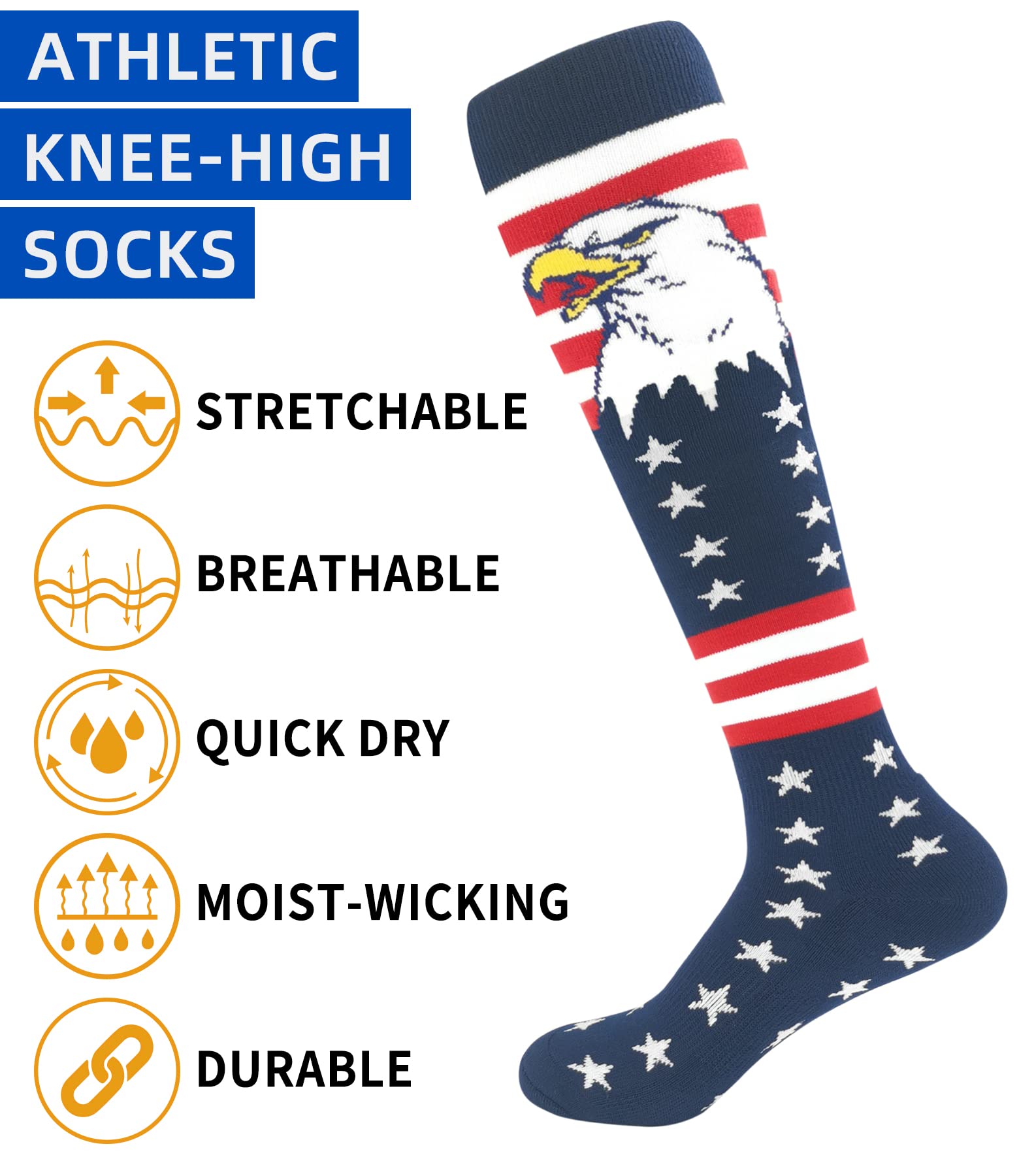 BUENWAZ Men's American Flag Baseball Socks, Athletic Knee High Football Sock, Patriotic Over the Calf Socks (1 Pack, Eagle, Size 8-12)