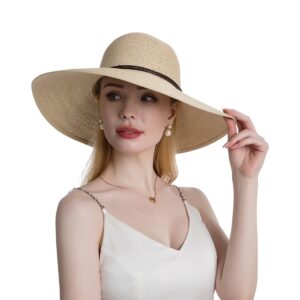 Koreshion Women Summer Wide Brim Straw Hat Beach Foldable Sun Hats Floppy Roll Up Cap Uv UPF 50+ Caps Khaki