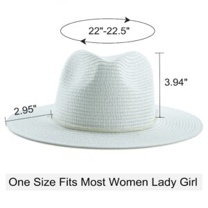 Koreshion Women Straw Panama Hat Summer Wide Brim Fedora Cap Beach Sun Hats UV UPF50+ White