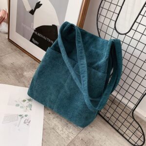 Van Caro Women Corduroy Tote Bag Casual Tote Handbag Big Capacity Shoulder Shopping Bag with Pocket,Blue