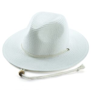 Koreshion Women Straw Panama Hat Summer Wide Brim Fedora Cap Beach Sun Hats UV UPF50+ White